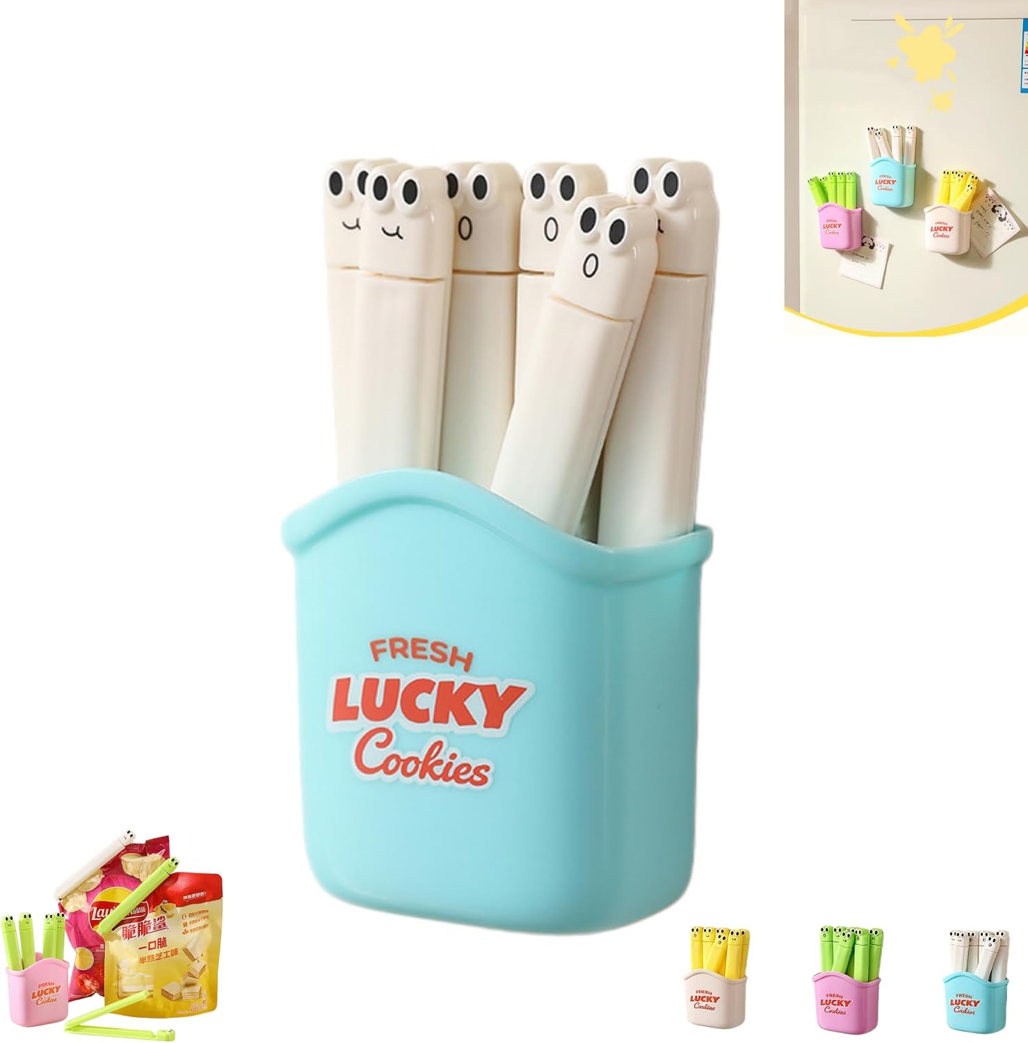 6 Piece Cute Chip Clips, Storage Container with Magnetic Function