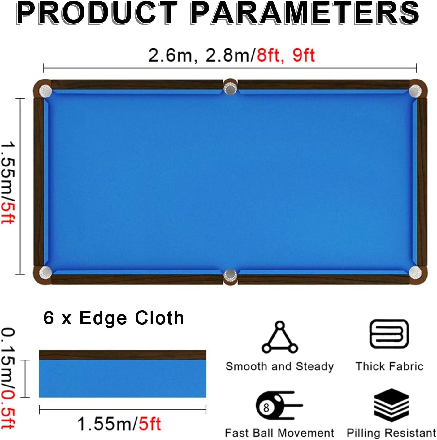 Fast Speed Billiard Cloth with 6 Edge Cloths Pre-Cut Pro Pool Table Felt for Indoor Sports Hotels & Home Game Tables