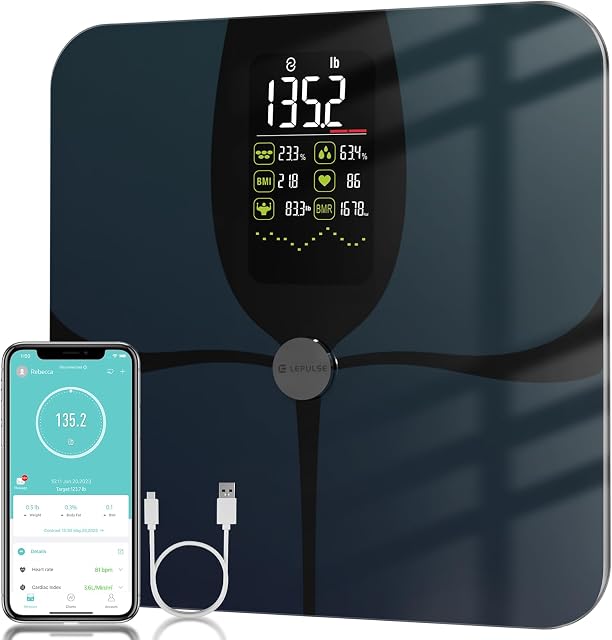 Scales for Body Weight Body Fat, Lepulse Rechargeable Large Display Digital Bathroom Scales BMI and Body Fat Muscle Heart Rate, Smart Scales Bluetooth Weighing Scales, 15 Body Datas with Trend, App