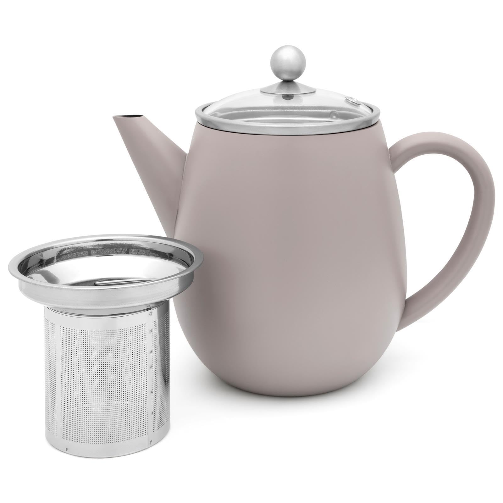 Bredemeijer graue doppelwandige Teekanne 1.1 Liter - isolierende Edelstahl Kanne mit Deckel aus Glas & Tee-Filter Sieb-Einsatz und braunem Holz-Untersetzer