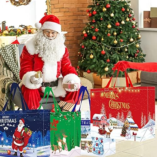 4 Pack Christmas Bags, Reusable Grocery Bag Tote Bag Gift with Handle Gift Present Bag Shopping Bag for Holiday Xmas Event Party
