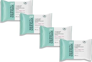 4x Bōots | Tea Tree & Witch Hazel Cleansing & Toning Biodegradable Wipes - Day + Night Care | 25 Wipes in Each Pack