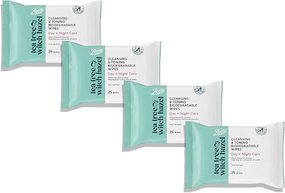 4x Bōots | Tea Tree & Witch Hazel Cleansing & Toning Biodegradable Wipes - Day + Night Care | 25 Wipes in Each Pack