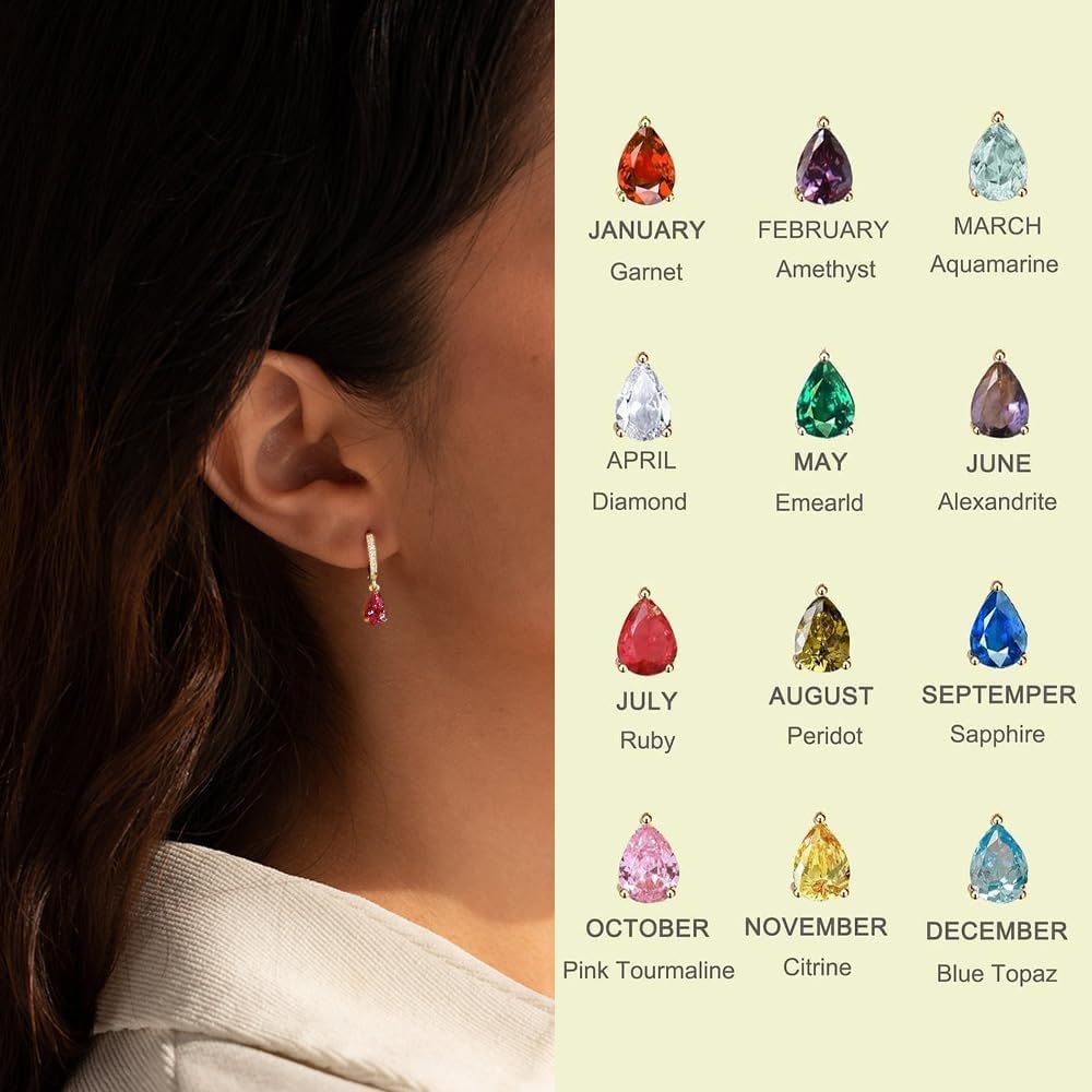 Birthstone Hoop Earrings for Women Dainty Crystal Teardrop Dangle Earring 14K Gold Plated Huggie Drop Earrings for Women Trendy Gold Jewelry Birthday Gift for Her - Image 4