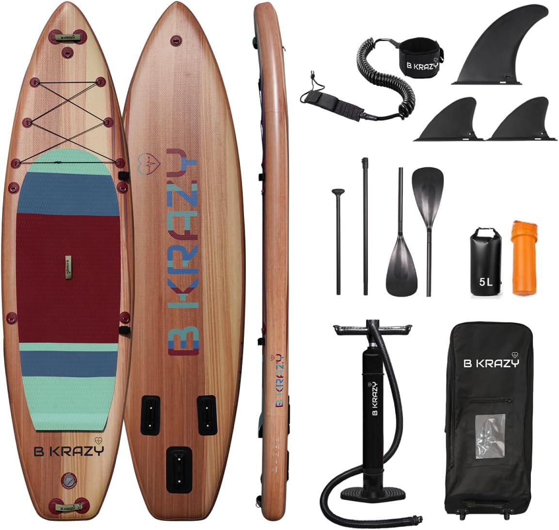 Bkrazy High-End Inflatable Stand Up Paddle Board - Complete Package with Accessories & Bag - Perfect for Lakes, River and Ocean - 10.6 ft Adult Board