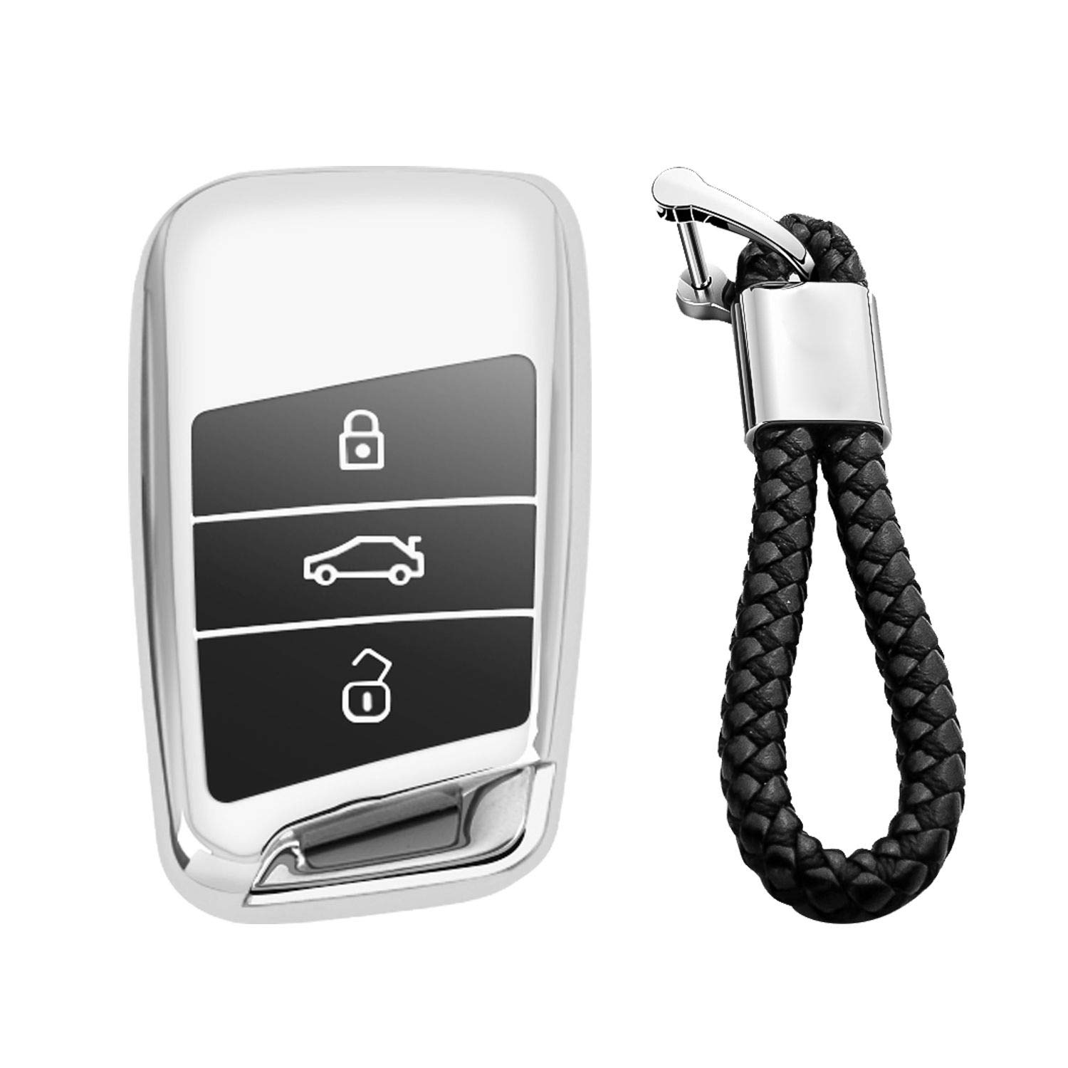 M.JVisun Soft TPU Case Cover Protector Car Key Fob Cover for Volkswagen Arteon Atlas Golf Alltrack Jetta Passat for Tiguan for Skoda Kodiaq Superb A7 Smart Remote Key - Glossy Silver -Braided Keychain