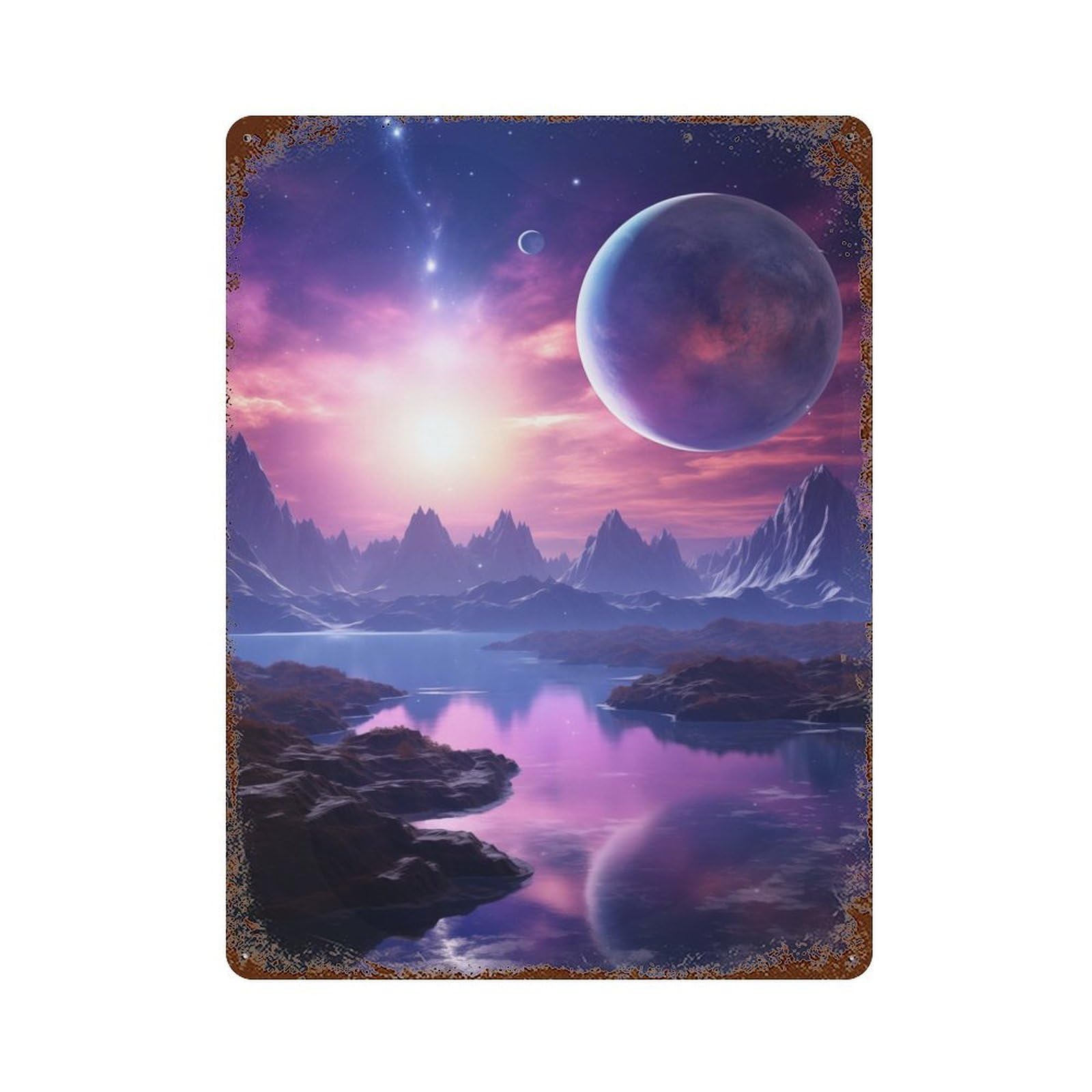 Aged Metal Wall Plaque with Alien Violet Planet Design 15.7"x11.8", for Basement, Hobby Room And Garage Decor, Farmhouse Wall Decor