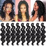 COOKOO 9 Packs Body Wave Braiding Hair 14 Inch Natural Black Pre-Feathered Bouncy Wavy Braiding Hair French Curls Braids Synthetic Hair Extensions for Boho Box Braids(1B#)