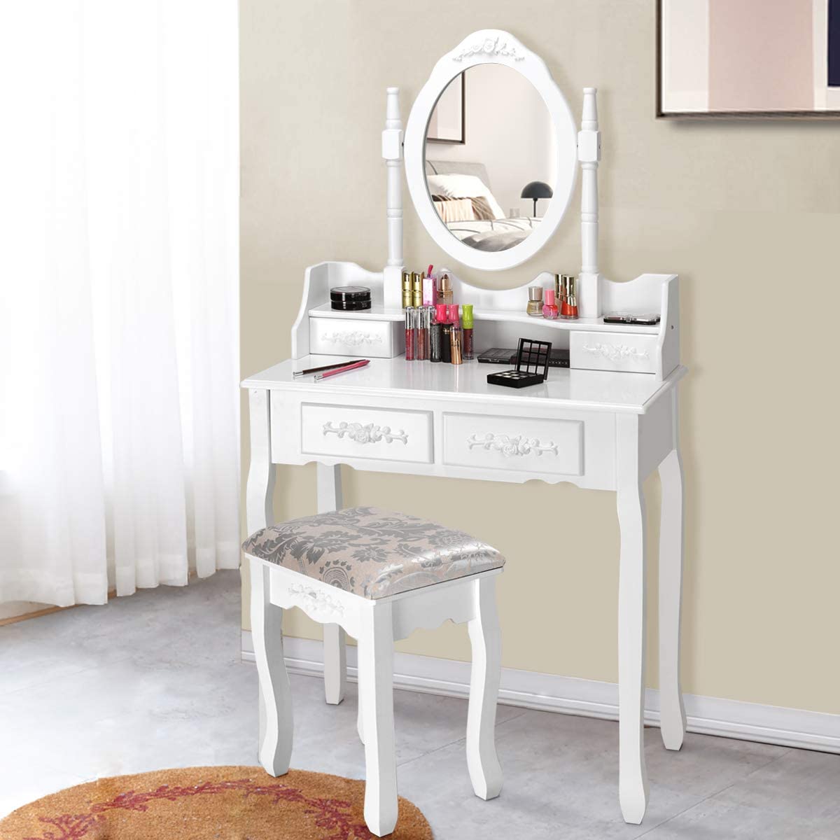 MAT EXPERT Vanity Table Set with 360° Rotatable Mirror, White Multifunctional Dressing Table w/Cushioned Stool, Makeup Organizer Dresser w/Mirror & 4 Drawers, Modern Bedroom Vanities Set