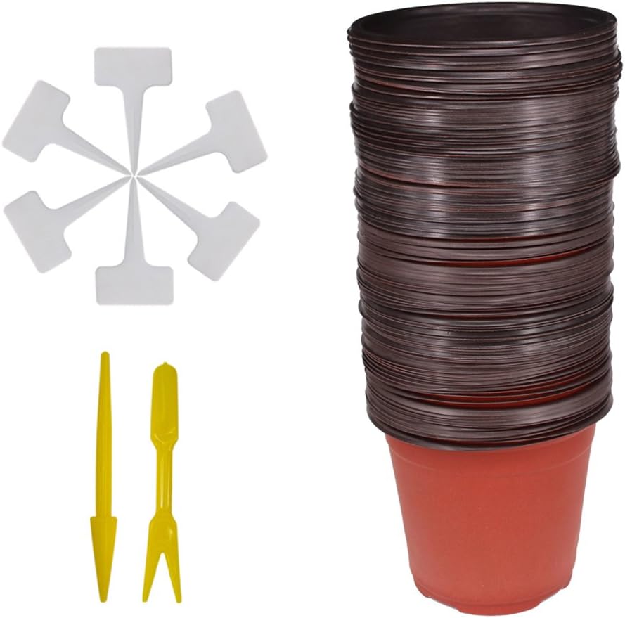50 Pcs 6" (15CM ) Plastic Seedlings Plants Nursery Pots with 50 Pcs Waterproof Plastic T-Type Plant Tags and 2Pcs/Set Transplanting Digging Mini Tools