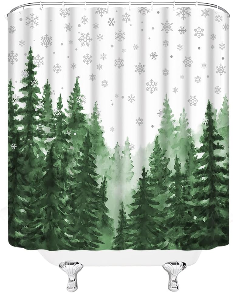 GCTNBJL Christmas Shower Curtain Green Pine Tree Snowflake Forest Watercolor Winter Holiday Xmas Festival Rustic Extra Long Bathroom Home Curtain with Hooks,70" Wx78 H
