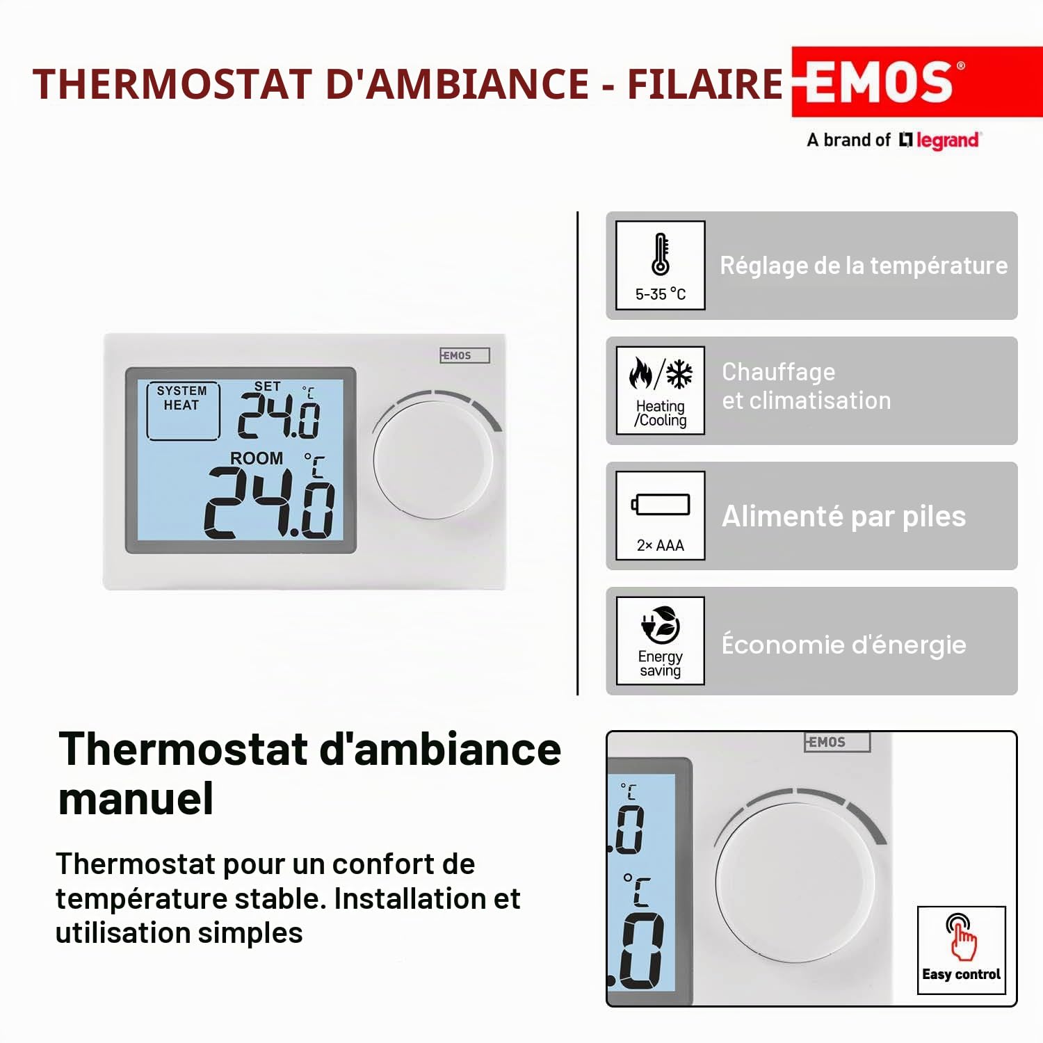 EMOS - Thermostat numérique avec écran LCD - Manuel, Filaire - Chauffage/climatisation - Plage température 5-35 °C - Montage en Surface - Utilisation Simple - Pile Incluse - Blanc