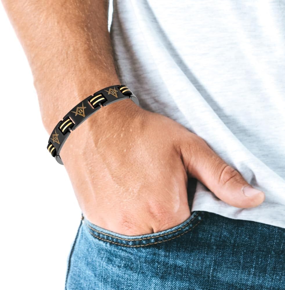 MasonicMan Mens Masonic Bracelet Freemasonry Gift Adjustable Size In Gift Box - Titanium