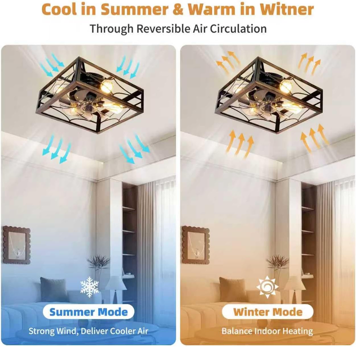 20‘’ Caged Ceiling Fan with Light and Remote Rustic Large Square Flush Mount Ceiling Fan Farmhouse Bladeless Ceiling Fan for Bedroom, Kitchen, Dining Room 6 Speed &Timer, Black