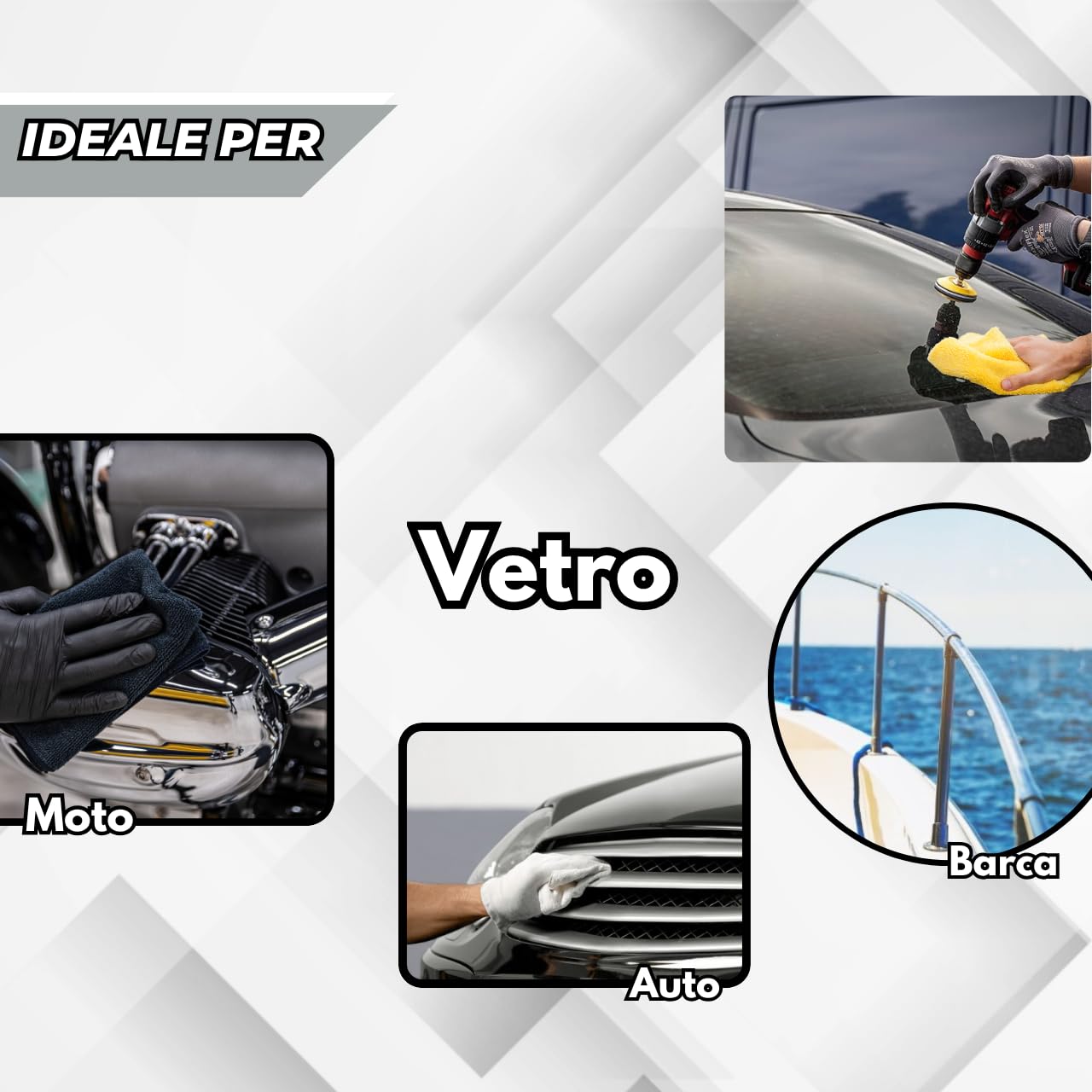 Glass Polish 1 Kg Kit Lucidatura Vetro Auto con Ossido di Cerio, Pasta Lucidante Vetri, Platorello Ø150 mm, 2 Feltri Ø150 mm e Adattatore M14 per Trapano