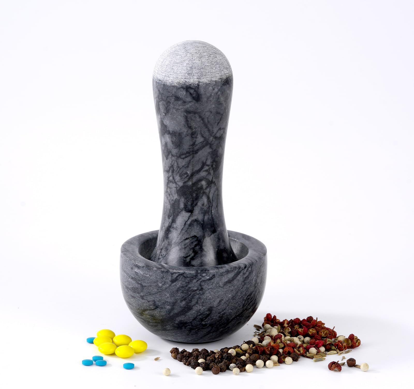 Tianman Small Mortar and Pestle Set 3.2 Inch.1/3 Cup.Mini Marble Grinder with Brush for Pills Herbs Spices,Easy to Grip.Efficient Grinding.Universal Dual Head Grinding Pestle.(Marble Black)