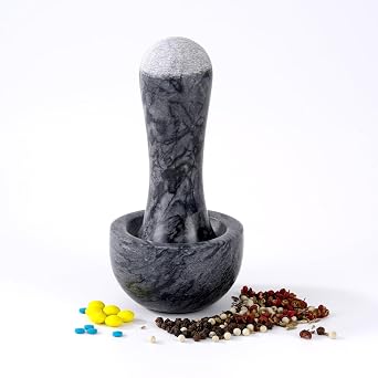 Tianman Small Mortar and Pestle Set 3.2 Inch.1/3 Cup.Mini Marble Grinder with Brush for Pills Herbs Spices,Easy to Grip.Efficient Grinding.Universal Dual Head Grinding Pestle.Marble Black