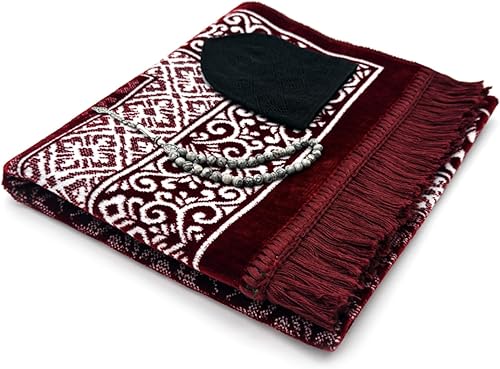 ESERRA Juego de alfombrillas de oración de terciopelo todo en uno para el Islam, alfombra gruesa de oración musulmana, sombrero Kufi negro, piedra