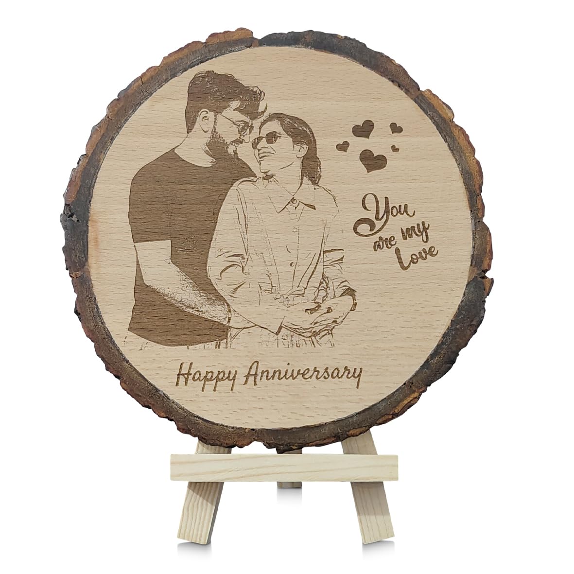 Shivansh Gifts Personalized Wooden Engraved Natural Slice Round Photo Frame, Tabletop Customize Gift For Couple, Anniversary With Wood Stand (Size 6 Inch)