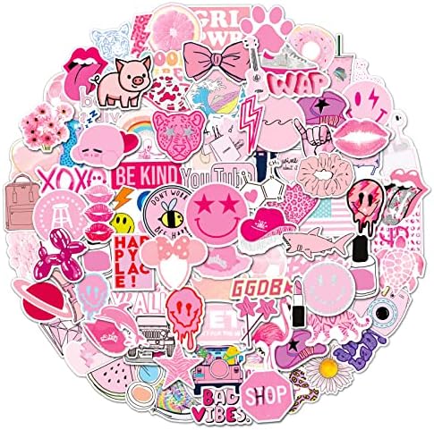 100 PCS Preppy Stickers Pink Stickers Pack, Aesthetic Stickers Water Bottle,Smile Stickers,Vinyl Waterproof Stickers for Laptop,Bumper,Water Bottles,Computer,Phone,Hard hat,Car Stickers and Decals