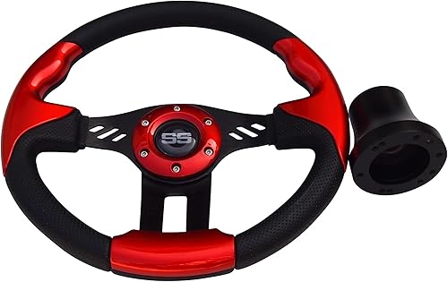 Miniatura 5 de Huskey E-Z-GO - Volante rojo con radios cepillados, agarre de textura de fibra de carbono, adaptador de cubo negro mate para medallista TXT RXV