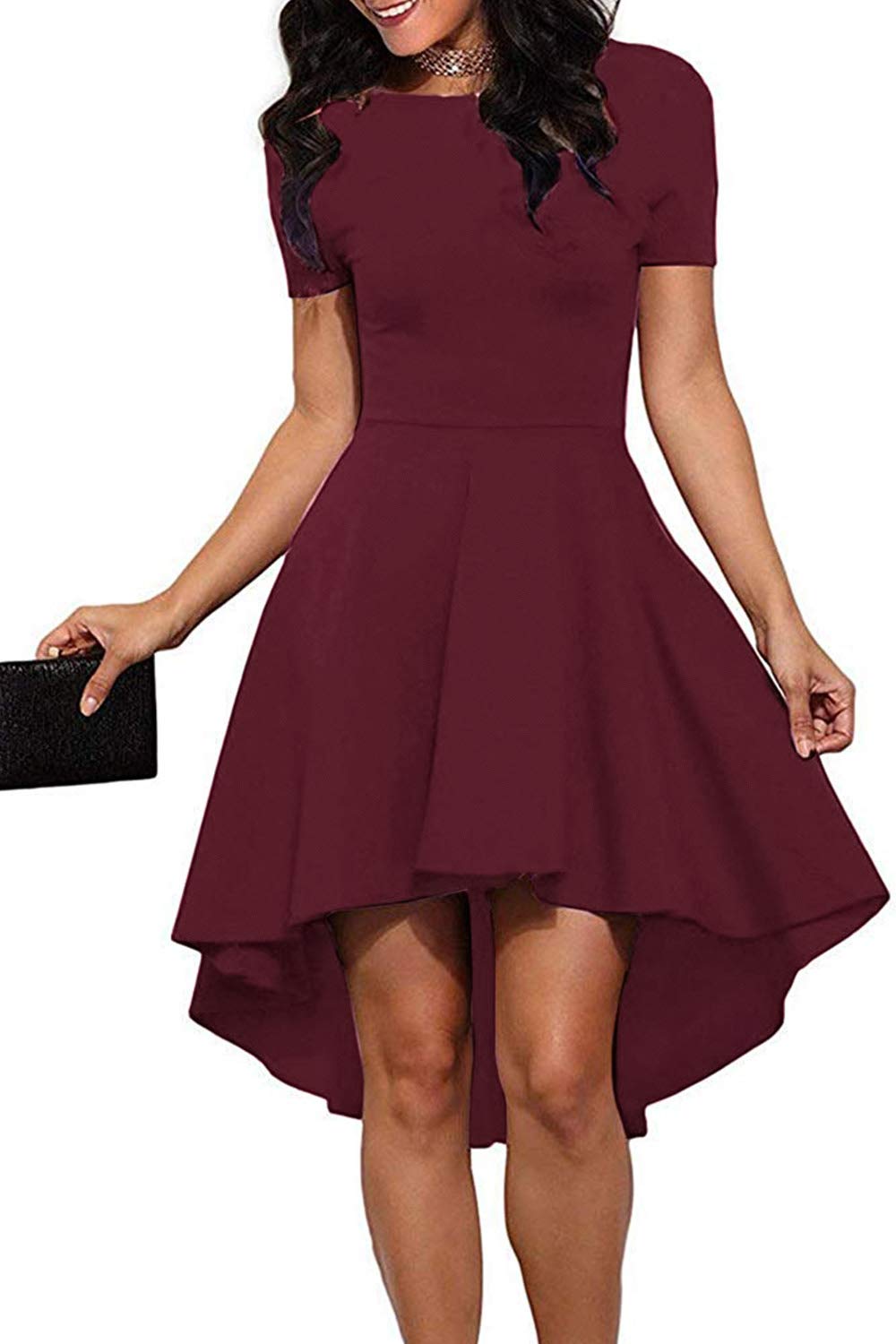 Genhoo Womens' Short Sleeve Skater Dresses Sexy A-Line Work Cocktail Dress Wine Red L