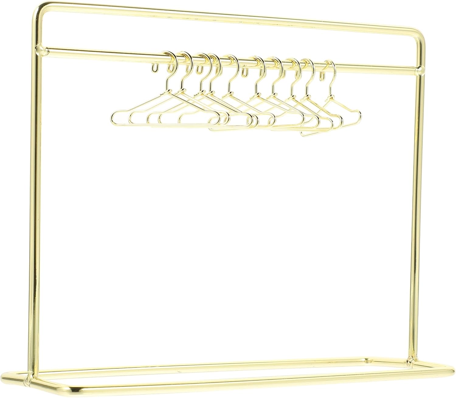 STOBOK Miniature Doll Garment Rack with 10Pcs Mini Clothes Hangers Mini Doll Dress Clothing Display Rack Metal Dollhouse Furniture Bedroom,Living Room,Shower Accessories Supplies, Golden 5.9x4.7in