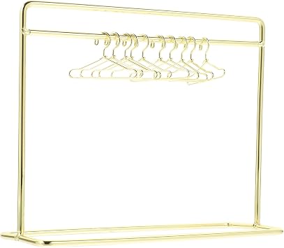 STOBOK Miniature Doll Garment Rack with 10Pcs Mini Clothes Hangers Mini Doll Dress Clothing Display Rack Metal Dollhouse Furniture Bedroom,Living Room,Shower Accessories Supplies, Golden 5.9x4.7in