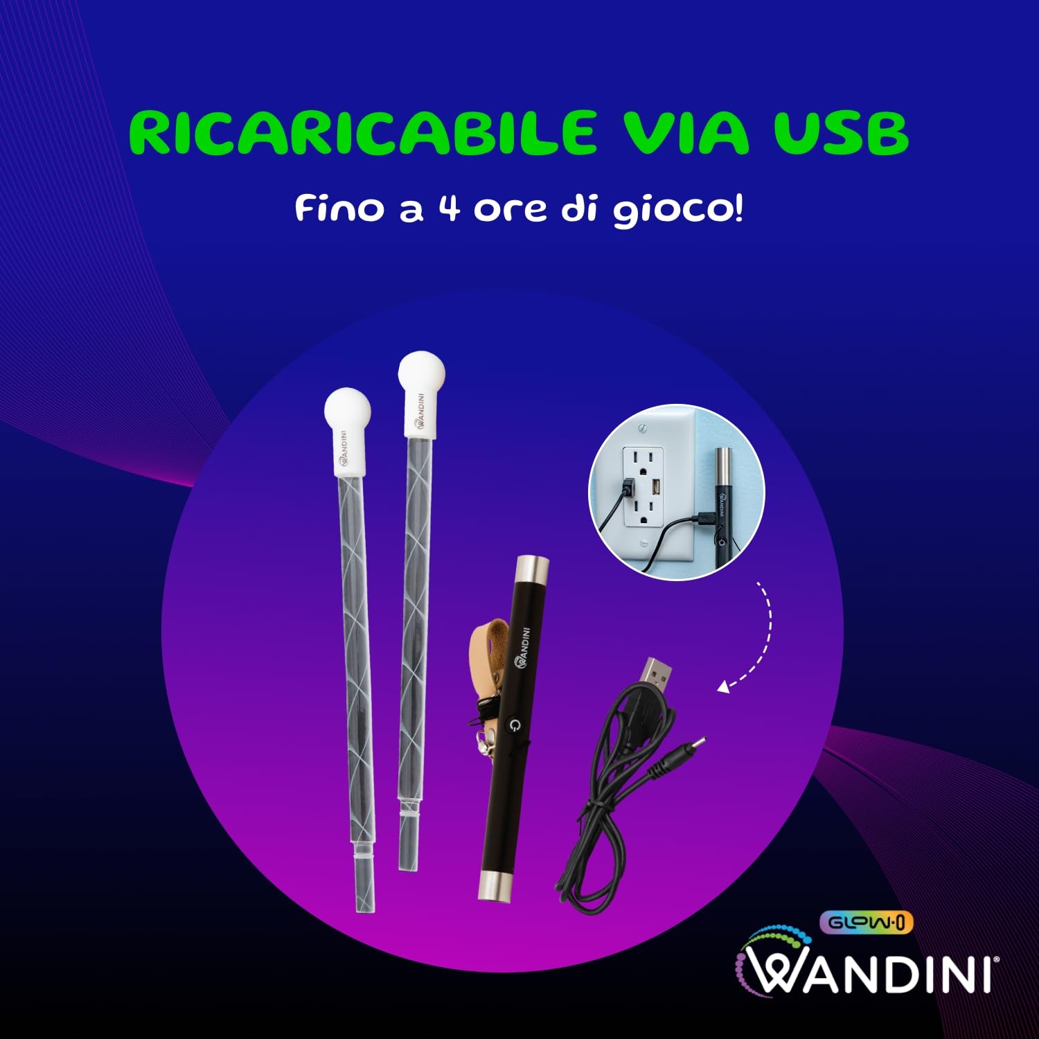 Wandini Glow.0 Bacchetta Magica a LED – Glow Stick a LED Pieghevole – Bastone Magico Ricaricabile Via USB - Bacchetta con Luci a LED Colorate - 22 modalità - Brevettata e Sapientemente Bilanciata