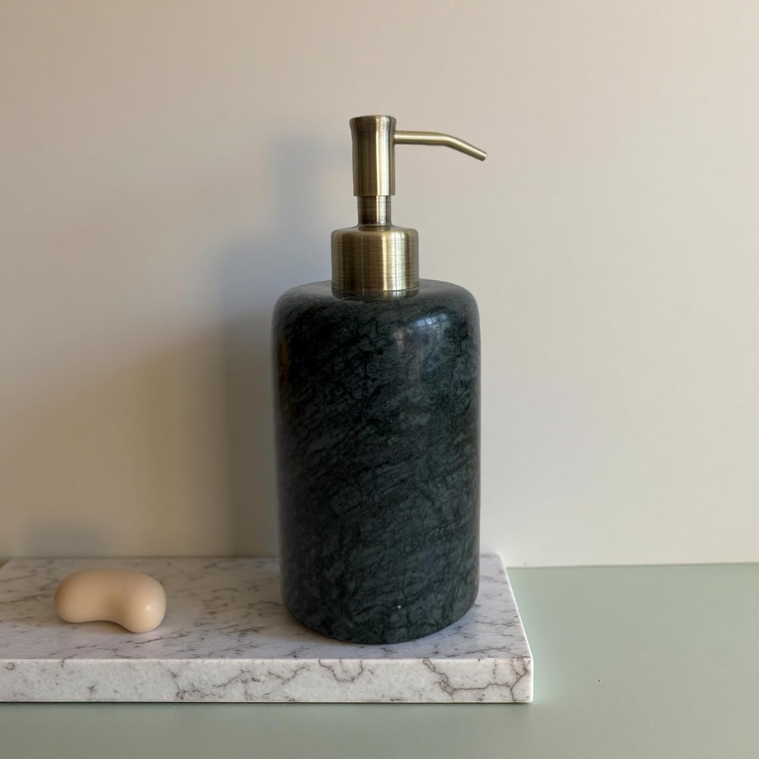 Natural Marble Vintage Stone Refillable Bathroom Liquid Dispenser 165ml Lotions Soap Container Stainless Steel Pump Head (Green)