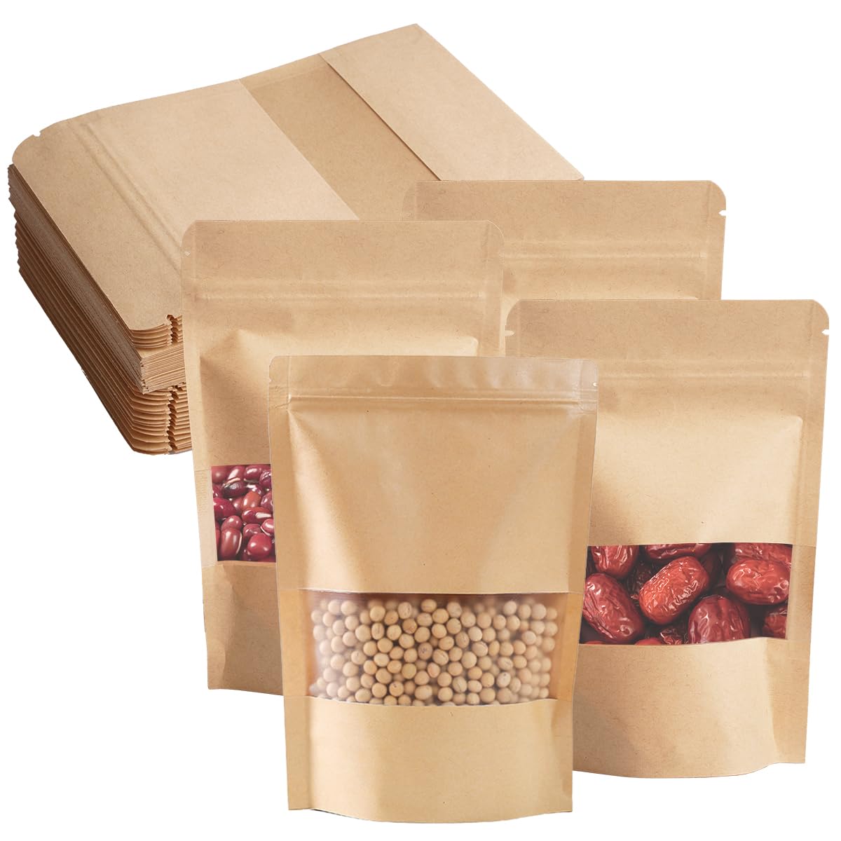 100 Pezzi 15 x 10 cm Sacchetti Carta Kraft con Finestra, Marrone Sacchetti di Carta per Alimenti, Riutilizzabile con Cerniera Imballaggi per Alimenti in Carta Kraft per Noci, Chicchi di Caffè, Tè