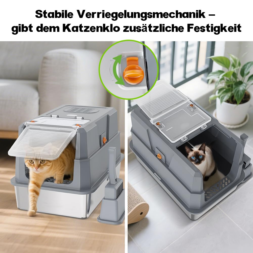 SZEE XL Edelsthal Katzenklo mit 180° Klappdeckel, Große Geschlossene Katzentoilette Edelstahl mit Deckel, Stainless Steel Cat Litter Box with Scoop-59x38x38cm, Dunkelgrau