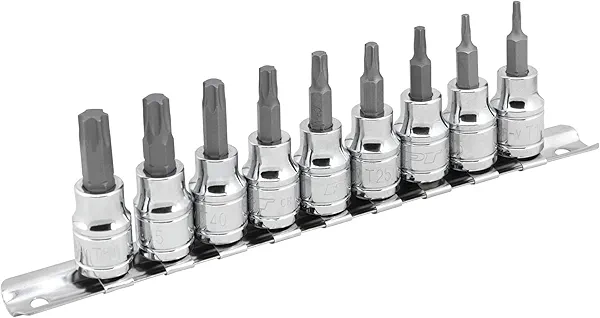 Performance Tool W1178 Professional Sand Finish Torx Bit Set with Bonus Storage Rail - Hardened Alloy Steel Bits in Sizes T10 to T50