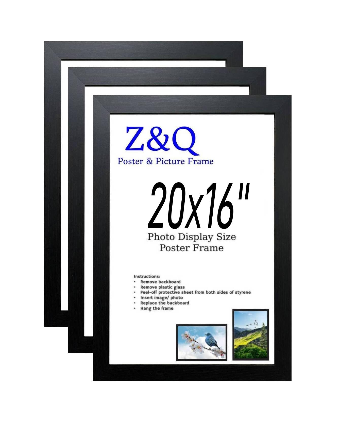 Z&Q pack of 3 MDF Poster Frame (50.80 x 40.64 CM) Engineered Wood, Stylish Wall Décor 20 x 16 Multi-Purpose Use, 508 x 406.4 mm [ Black ]