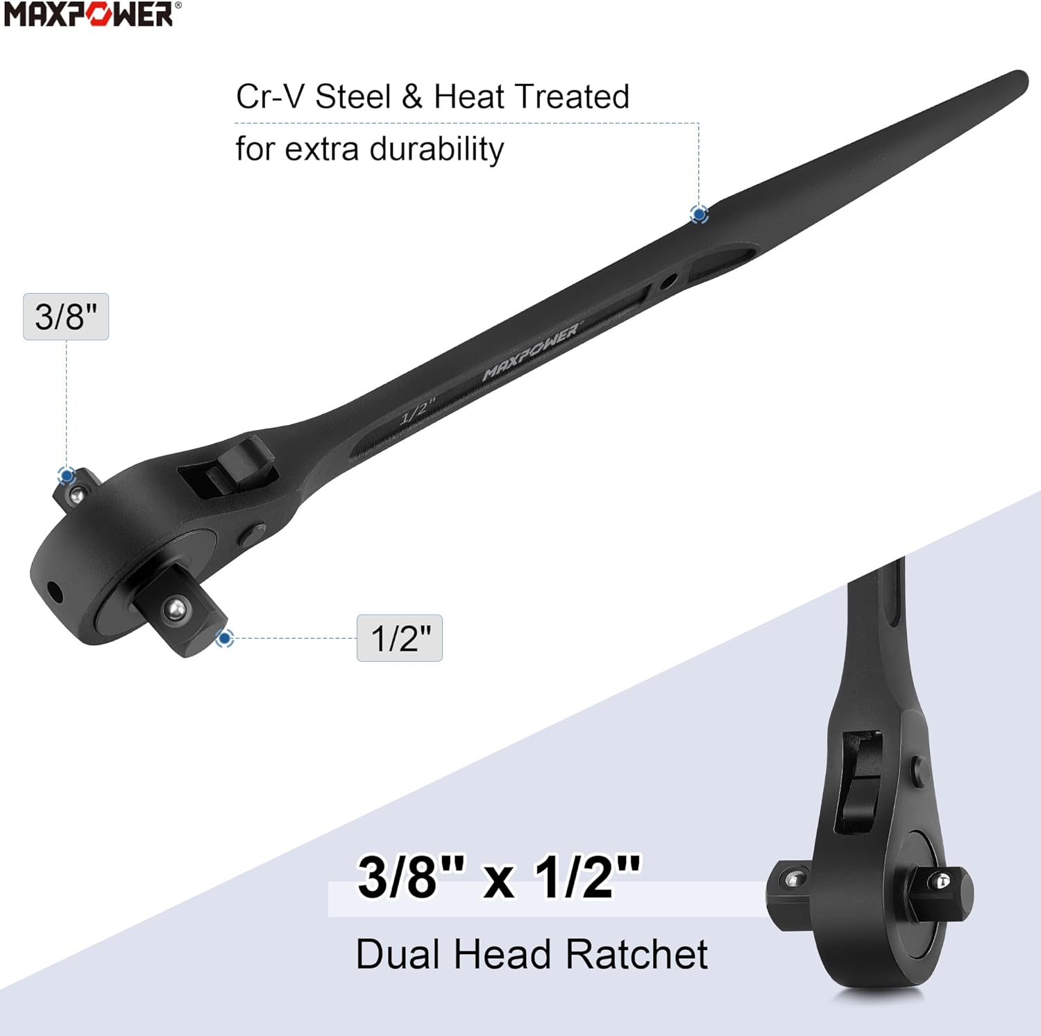 MAXPOWER 2PCS Spud Ratchet Set, Dual Socket Scaffold Wrench 7/8" x 3/4", Dual Head Scaffold Ratchet 3/8" x 1/2"