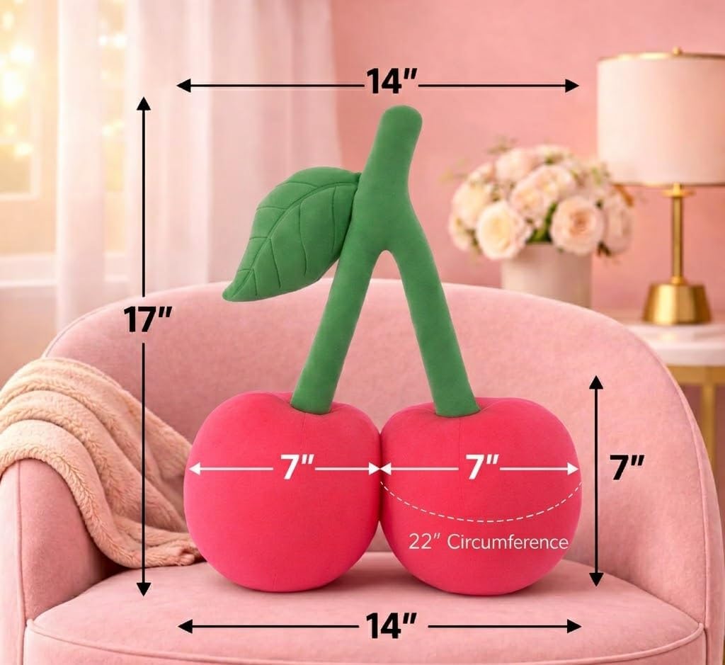 Cherry Pillow for Preppy Room Decor –17x14 In 3D Decorative Cherry Throw Pillow in Luxe Velvet –Shape Hold Fill Fruit Cushion with Sculpted Stem & Embroidered Leaf for Sofa & Aesthetic Home Decor Pink