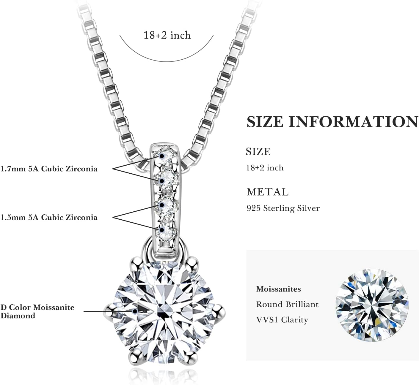 1-2 CT Moissanite Necklace for Women, Solitaire Lab Imitation Diamond Pendant, 18K White Gold Plated D Color Round Cut 925 Sterling Silver Necklace, GRA Certified, 18+2 inch Box Chain - Image 6