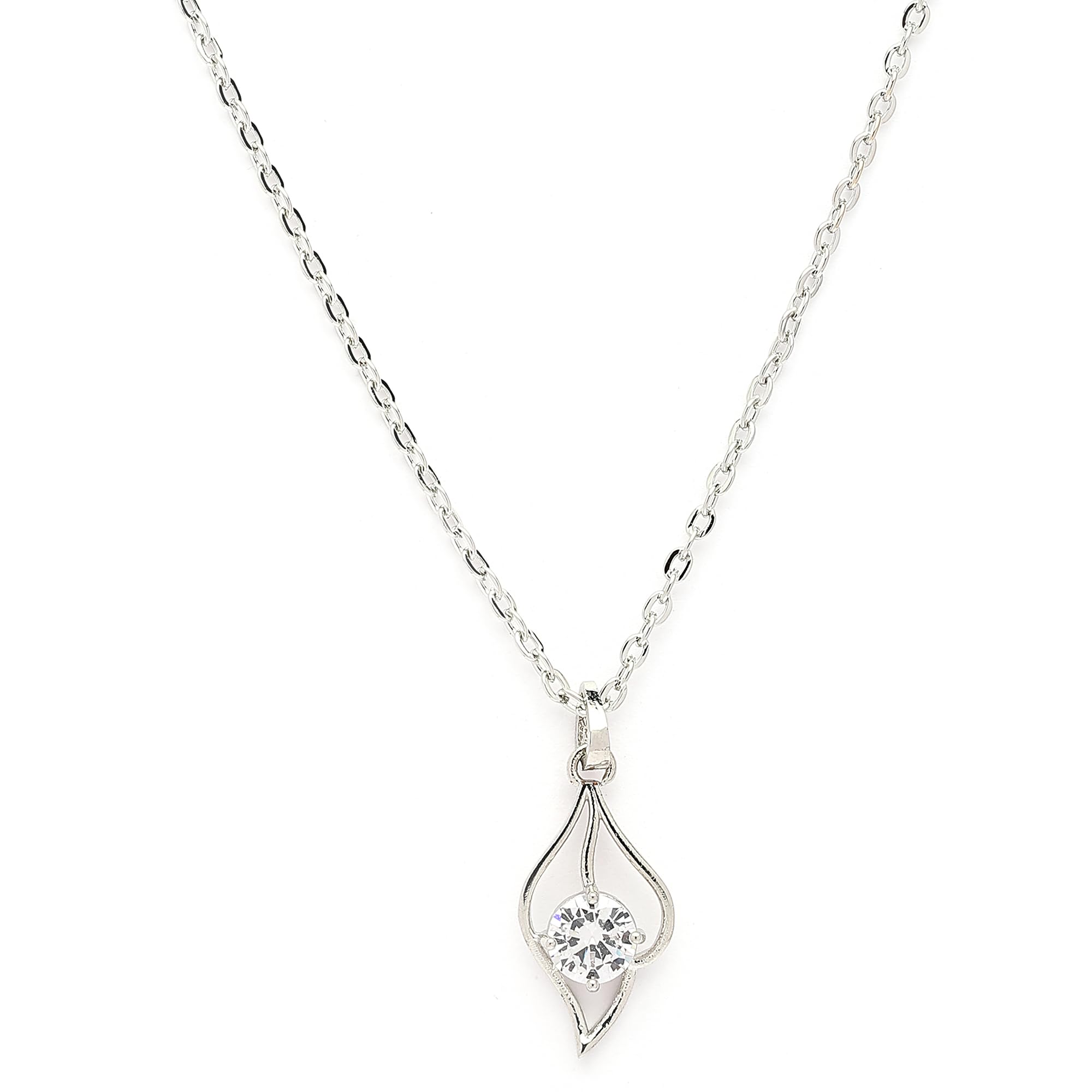 zeneme Rhodium Plated Silver Toned American Diamond Studded Leaf Shaped Pendant With Chain For Women And Girls-picture-25