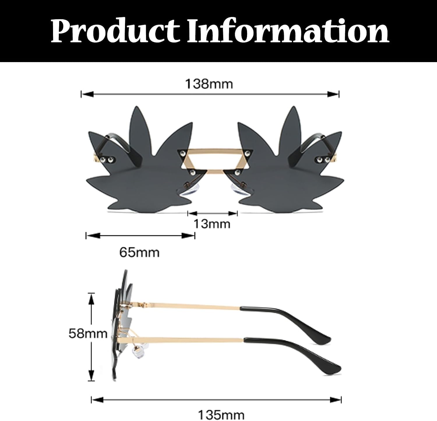 LJCZKA Maple Leaf Shape Sunglasses Women Men - Rimless Funky Glasses Rave Festival Party Halloween Christmas Accessories