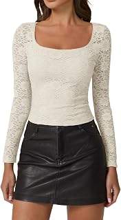 QINSEN Women's Floral Lace Crop Top Long Sleeve Slimming Square Neck Blouse Going Out Shirt