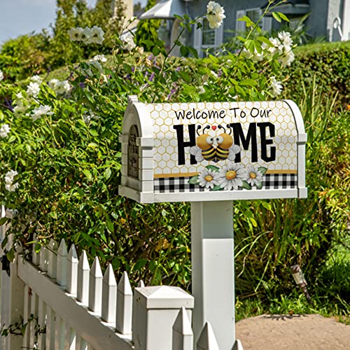 Fbcoo Welcome To Our Home Bumble Bee Spring Mailbox Cover Magnetic Standard Size 21" X 19", Daisy Flower Decorative Post Letter Box Wrap Decor Buffalo Plaid Check Summer Garden Yard Outdoor Decoration #TOP5