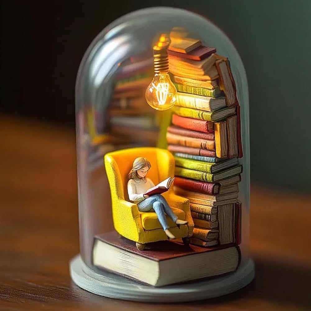 Ecogleam Style 2 Reader Night Light, Miniature Book Lover Lamp Sculpture With Mini Books And Led Light, Reading Figurine Tiny Bookshelf Library Statue, Gift For Family Friends