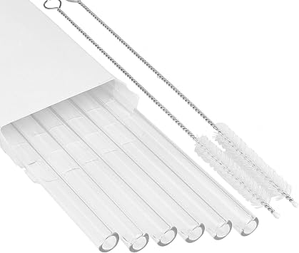 6 Pack Replacement Straws Compatible with Stanley IceFlow 2.0 Flip Straw Tumbler with Handle 30oz, Clear Glass Drinking Straws Set for Smoothies Milkshake with 2 Cleaning Brushes
