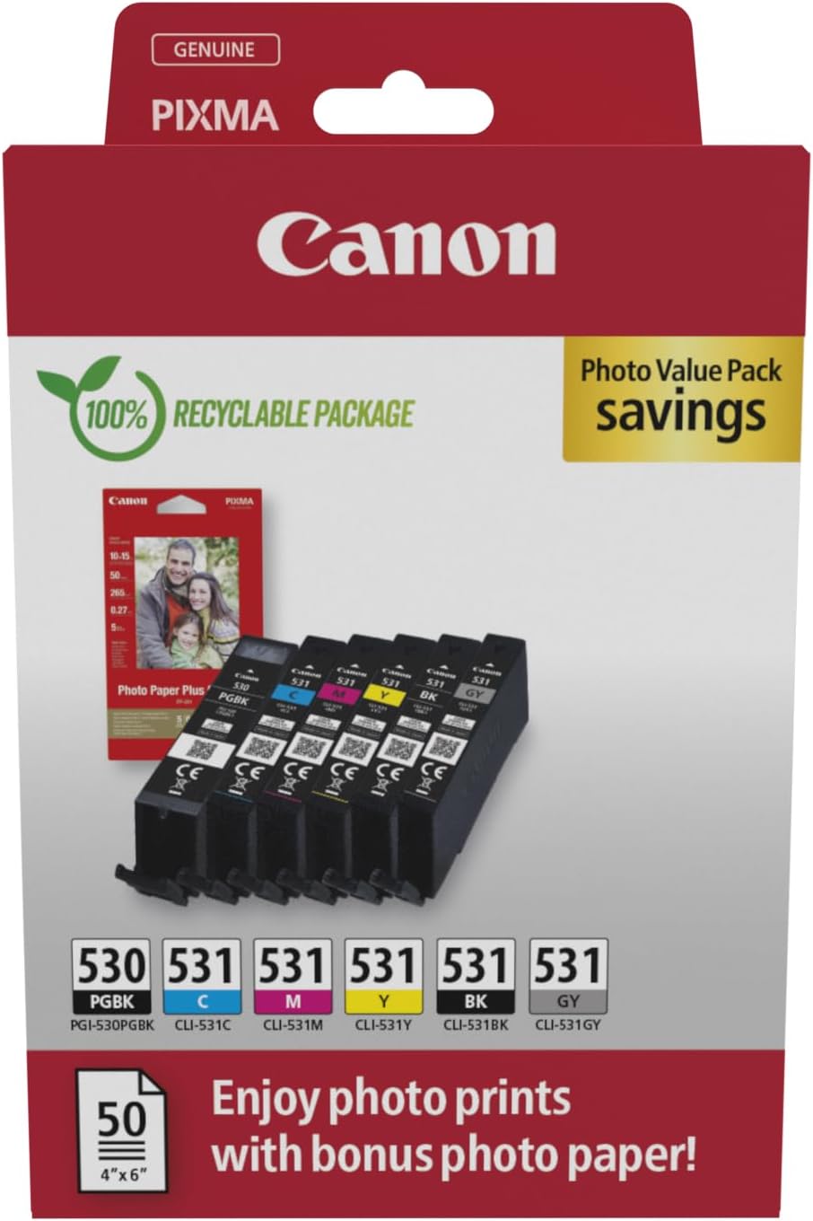Canon PGI-530 / CLI-531 Genuine Ink Cartridges, Pack of 6 (2 x Black, Cyan, Magenta, Yellow, Grey), Includes 50 Sheets of 4x6 Photo Paper - Compatible with PIXMA TS8750 / TS8751
