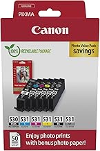 Canon PGI-530 / CLI-531 Genuine Ink Cartridges, Pack of 6 (2 x Black, Cyan, Magenta, Yellow, Grey), Includes 50 Sheets of 4x6 Photo Paper - Compatible with PIXMA TS8750 / TS8751