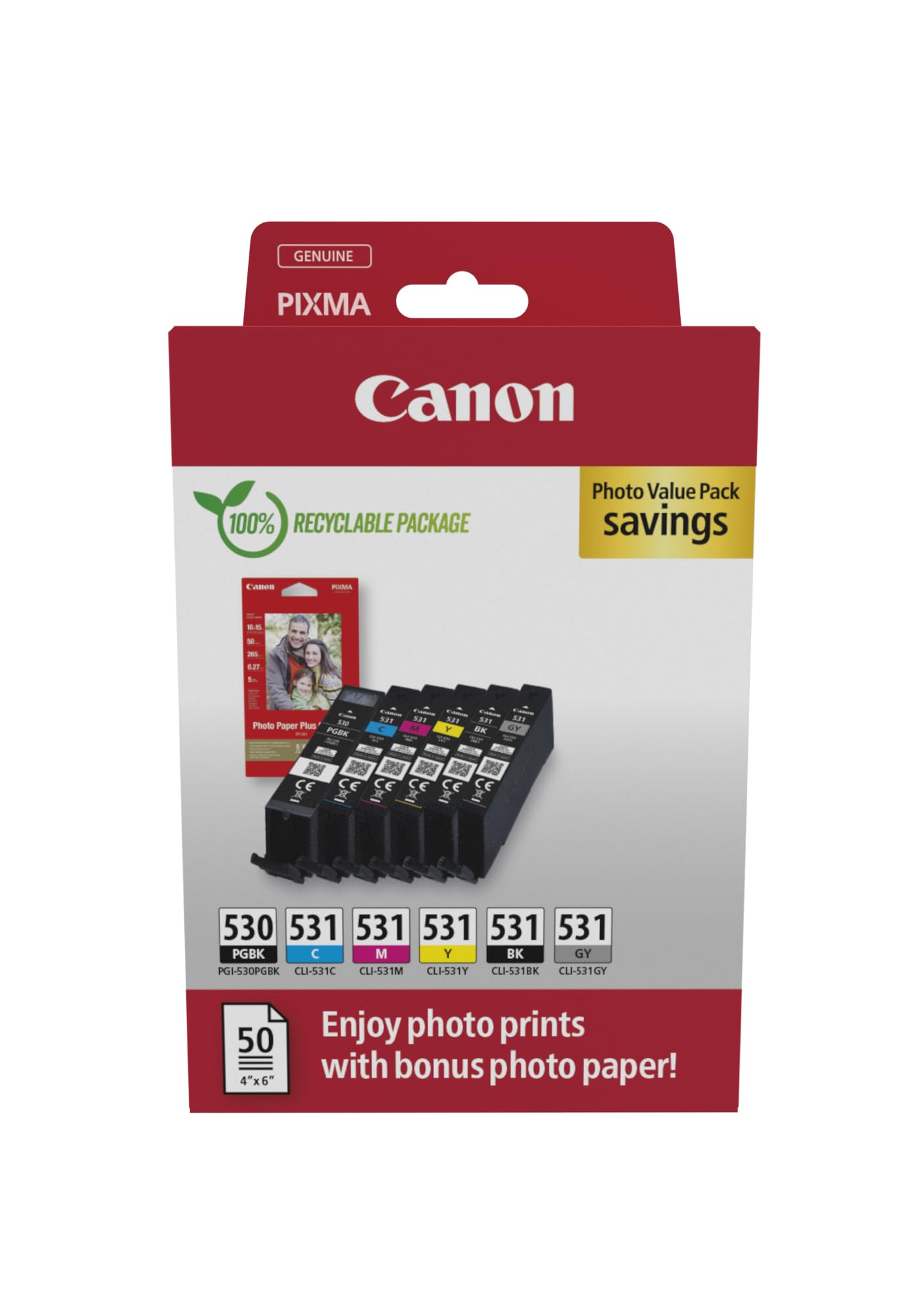 Canon PGI-530 / CLI-531 Genuine Ink Cartridges, Pack of 6 (2 x Black, Cyan, Magenta, Yellow, Grey), Includes 50 Sheets of 4x6 Ph