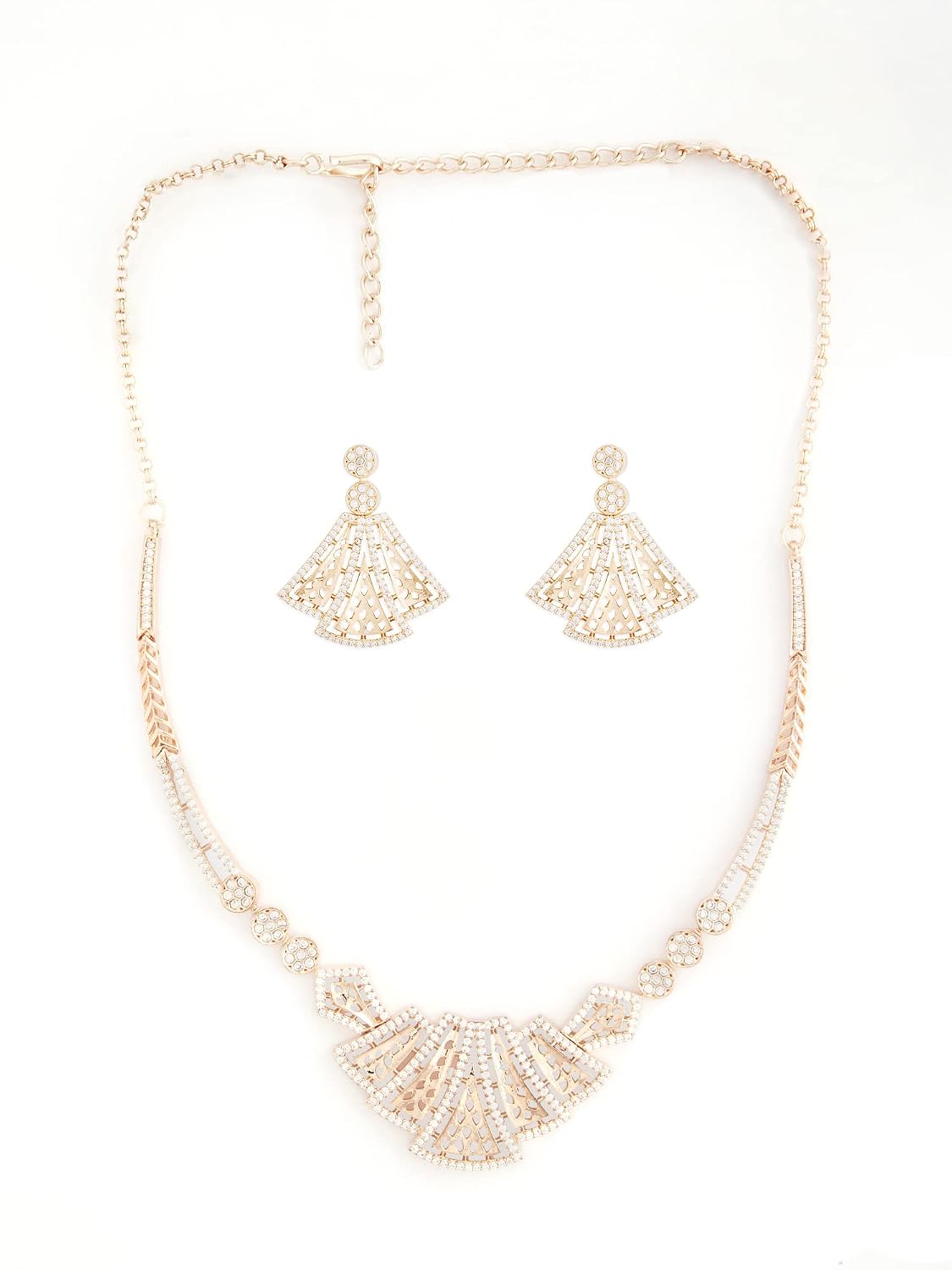Ami Rose Gold Contemporary Cubic Zirconia Party Bling Designer Necklace and Earring Set For Women-ZPFK19630 Ami Rose Gold Contemporary Cubic Zirconia Party Bling Designer Necklace and Earring Set For Women-ZPFK19630