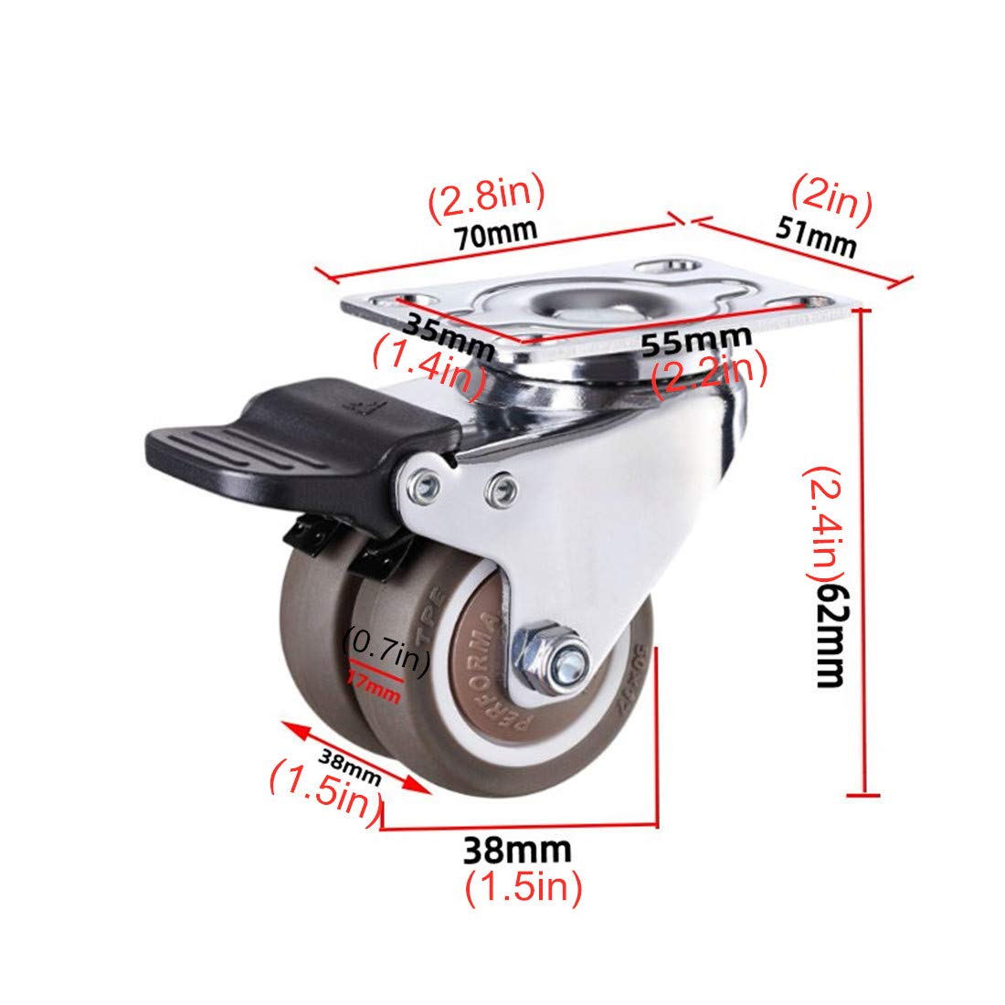 set di 4 ruote piroettanti, Ruote girevoli con piastra, Ruote girevoli for carichi pesanti for movimenti industriali, Ruote con rulli for trasporto, Ruote doppie in gomma, con viti, 4 pezzi (freno 38