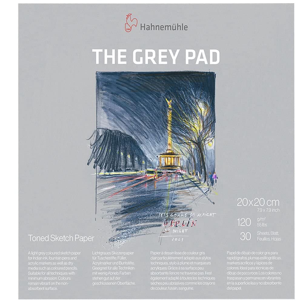 Hahnemühle The Grey Pad 120gsm 30 Sheets/60 Pages Sketch Pad Grey Tinted Paper (20x20)