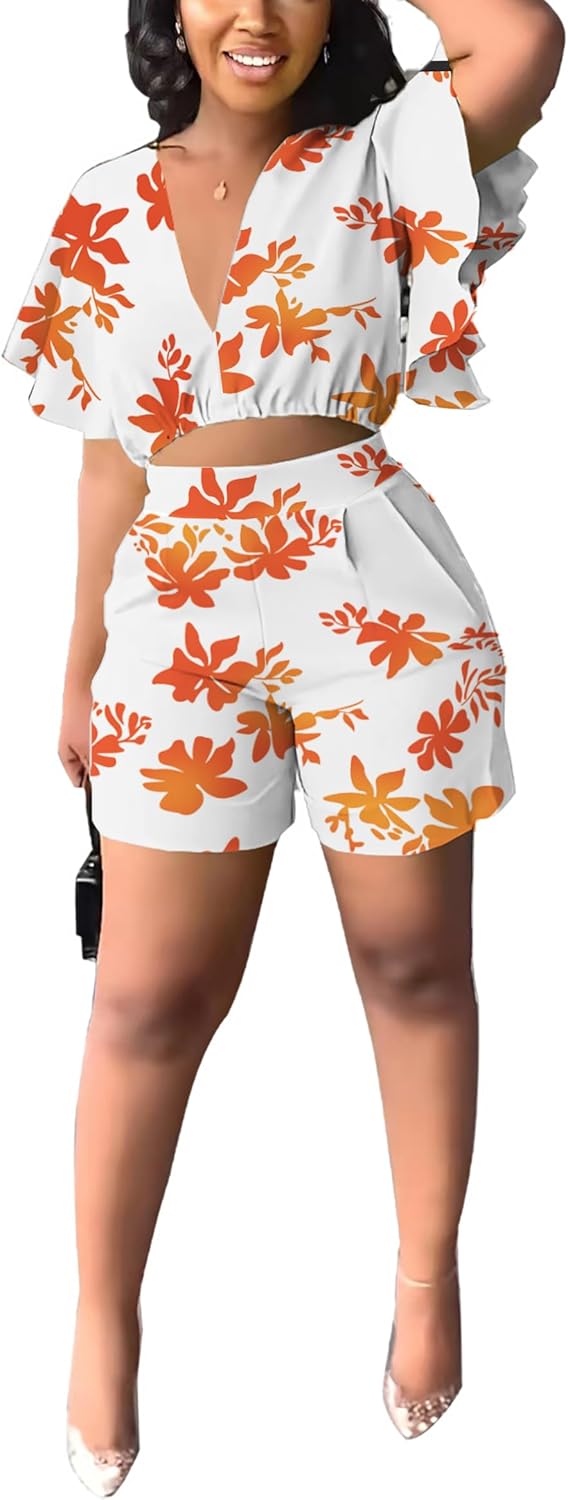 Fooullaide Womens Summer 2 Piece Outfit Set Crop Top Butterfly Sleeve Short Set Sexy Beach Vacation 2pc Sets